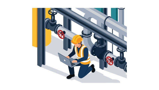 Industrial worker in safety gear using laptop for pipeline maintenance in isometric design