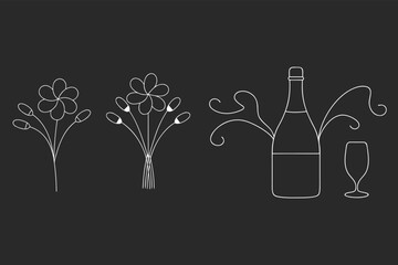 Floral Bouquet Champagne Celebration Line Art Vector Set