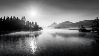an ethereal monochrome landscape with soft lighting over a serene lake where mist shrouded mountains and a bright sun create an atmosphere of calm and natural beauty in landscape style