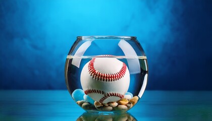 a baseball floating in a clear glass aquarium filled with water and colorful pebbles positioned neatly to the right side the left portion of the background is plain blue gradient kept empty for tex