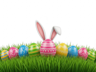 Colorful easter eggs and bunny ears in green grass isolated on transparent background for springtime