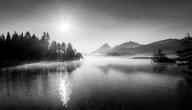 an ethereal monochrome landscape with soft lighting over a serene lake where mist shrouded mountains and a bright sun create an atmosphere of calm and natural beauty in landscape style - Powered by Adobe