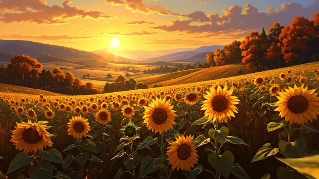 A picturesque sunflower field basks in the golden glow of a sunset over rolling hills and distant trees