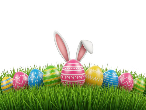 Colorful easter eggs and bunny ears in green grass isolated on transparent background for springtime