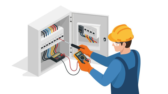 Electrician working on circuit breaker panel with safety gear and tools