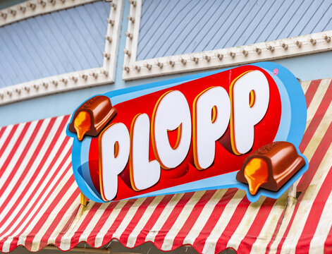 Gothenburg, Sweden - July 03 2024: Plopp candy logo on a roof.