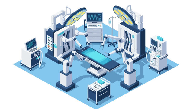 Advanced robotic surgery room with high-tech equipment in isometric design