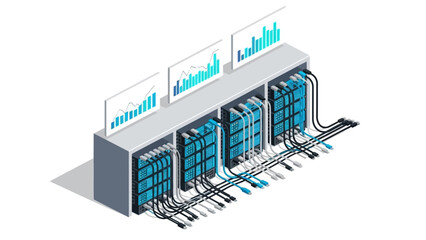 Isometric data center with server racks and analytics screens