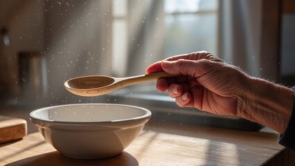 Hand holding wooden spoon above white bowl, sprinkling ingredients, with soft sunlight filtering through window, creating warm and inviting kitchen atmosphere for culinary creativity