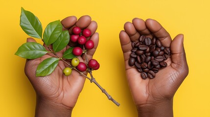 African female hands holding coffee cherries and beans on yellow background