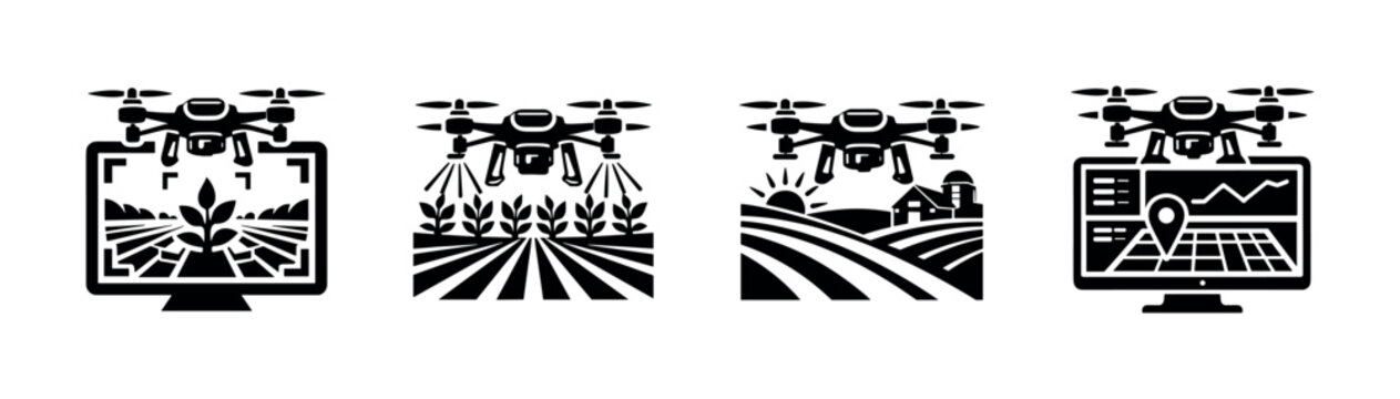 Agriculture technology vector icons set with drones and farming scenes