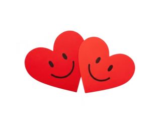 Two red heart shapes with smiley faces on transparent background