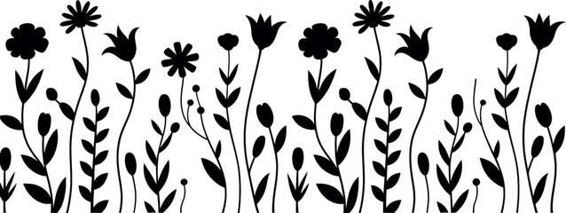 A collection of stylized black silhouette wildflowers and plants with delicate stems and leaves isolated on a white background