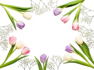 Colorful tulip flowers and babys breath on a transparent background for spring designs