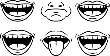 Collection of cartoon smiling mouths and lips with different expressions and tongue out  various happy faces © md manik hossain