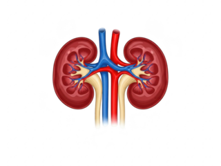 Detailed human kidney anatomy illustration with blood vessels and ureters isolated on transparent background