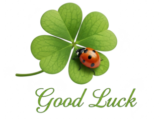 A ladybug on a fourleaf clover with good luck text on isolated transparent background