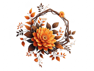 An orange flower wreath on isolated transparent background with leaves and twigs