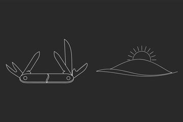 Camping Tools And Sunset Icon Set, Outdoor Adventure Equipment