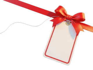 Red ribbon bow on white gift tag isolated on transparent background for decoration