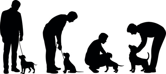 Diverse silhouettes of people interacting with playful puppies in various poses demonstrating training and affection isolated on a clean white background