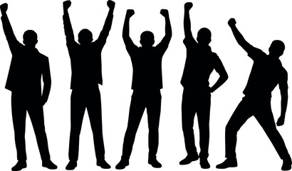 Five diverse male silhouettes celebrating with raised fists and arms in a gesture of triumph and success