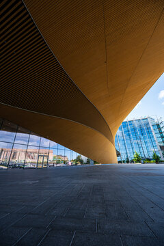 Helsinki, Finland - August 07 2025: Exterior of modern Helsinki Central Library Oodi.