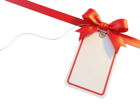 Red ribbon bow on white gift tag isolated on transparent background for decoration - Powered by Adobe