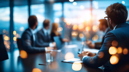 Defocused business strategy meeting, blurred strategic planning session, corporate planning scene, with copy space