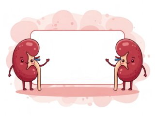 Cartoon illustration of two cute kidney characters holding a blank white sign with a pink background and design elements around it isolated on transparent background