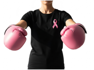 Person wearing a black tshirt with a pink ribbon and pink boxing gloves isolated on transparent background for breast cancer awareness