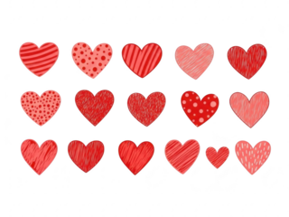 Collection of red heart shapes in various patterns and designs isolated on transparent background