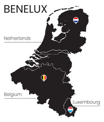 Outlines and borders of the Benelux countries, map isolated on white background with names and flag icons, high detail vector template