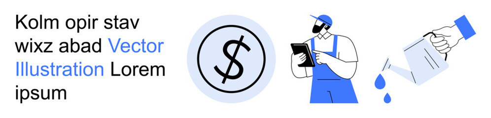 Fototapeta premium Financial services, business assistance, liquid processes, professional tasks, economic concepts, transaction workflows. Worker holding a clipboard and pouring liquid next to dollar symbol. Financial