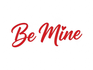 Be mine in red cursive font on a transparent background for valentines day and love themed designs