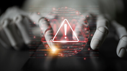 A futuristic representation of a robotic hand interacting with a digital globe and warning symbol, symbolizing alert mechanisms in technology and cybersecurity. Gantry