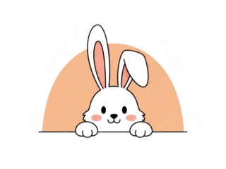 Cute cartoon bunny peeking from behind a line on transparent background with orange semicircle