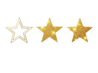 Obraz premium Three gold star shapes with different textures on isolated transparent background for rating or award