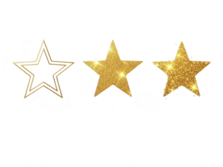 Three gold star shapes with different textures on isolated transparent background for rating or award