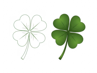 A green fourleaf clover and its black and white line art version isolated on transparent background for st patricks day
