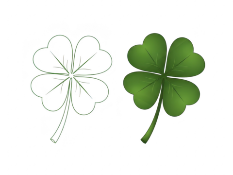 A green fourleaf clover and its black and white line art version isolated on transparent background for st patricks day - Powered by Adobe