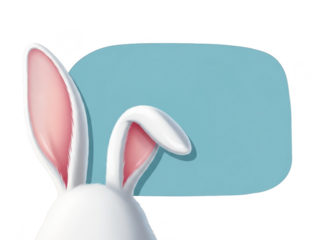 A pair of white bunny ears with pink inner ears in front of a blue rectangle on transparent background