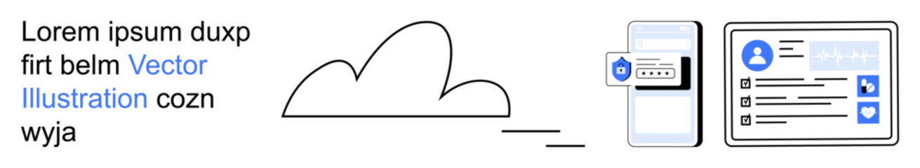 Obraz premium Cloud computing, data security, digital identity, mobile authentication, online privacy, user interface. Cloud icon, mobile phone with security badge and profile on digital screen. Cloud computing