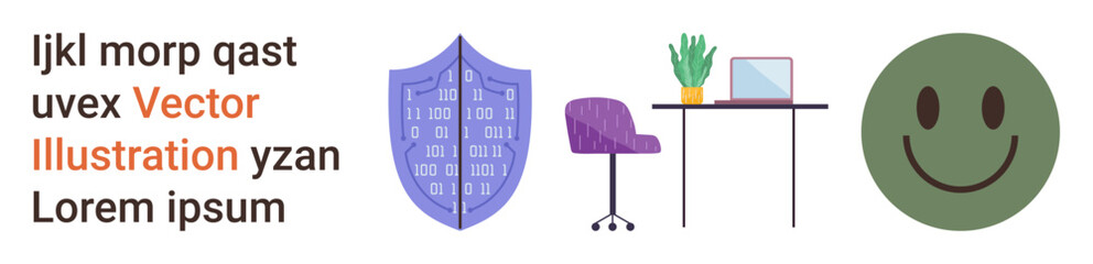 Obraz premium Digital security, office organization, workplace productivity, online safety, positive mindset, technology. Purple shield with binary code, organized desk green happy face. Digital security