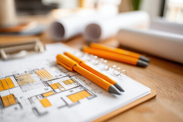 Architectural blueprint and pens on a workspace