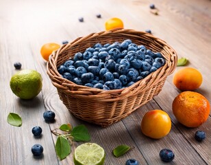 fresh blueberries in a rustic basket surrounded by juicy fruits on a wooden surface
