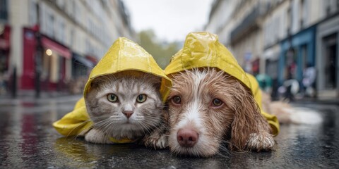 Adorable cat dog wearing yellow raincoats lying wet city street rainy weather friendship animals together cute urban scene pet companionship moisture drops fur friends rainy day love animals