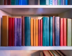 colorful books lined up on a shelf creating a vibrant display in a cozy room
