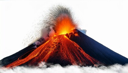 erupting volcano with lava and ash cloud isolated on a white background