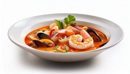 spicy thai seafood soup on white bowl isolated on white background